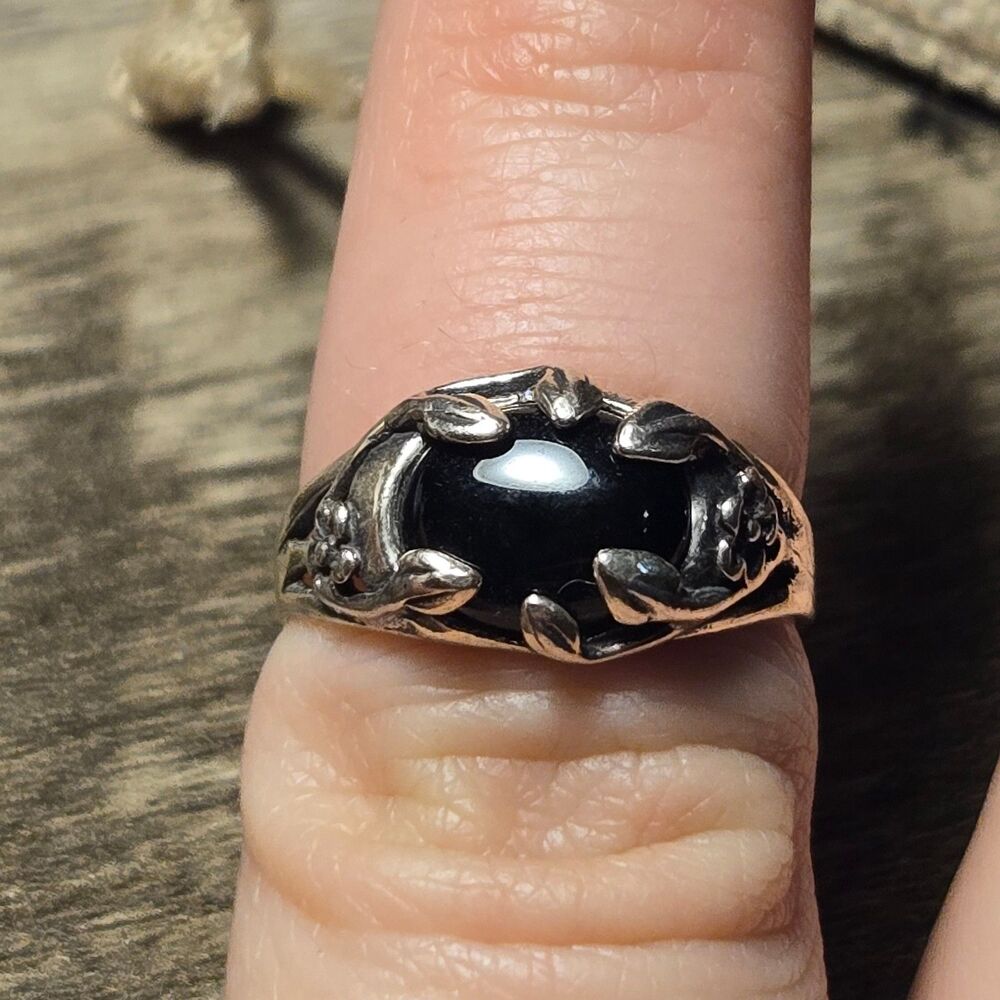 Floral Black vintage sterling silver ring sz 7 - Picture 5 of 6